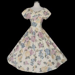 Vintage 80s 90s Floral Print Garden POCKETS Party Cream Full Skirt Party Dress S